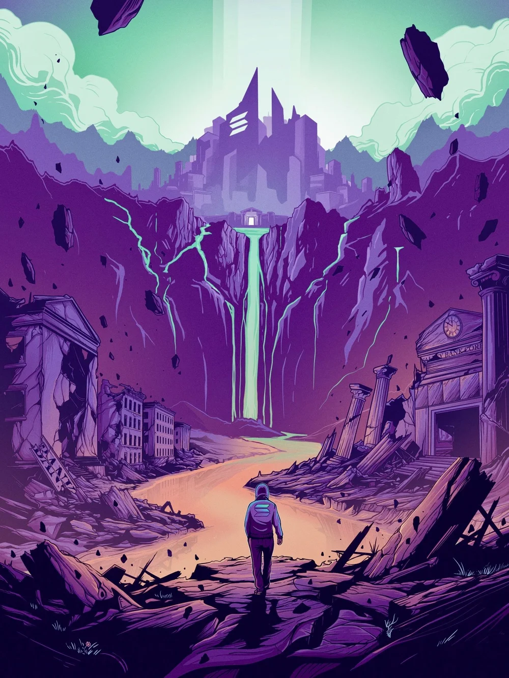 A lone figure walking toward a glowing waterfall cascading through a ruined purple cityscape