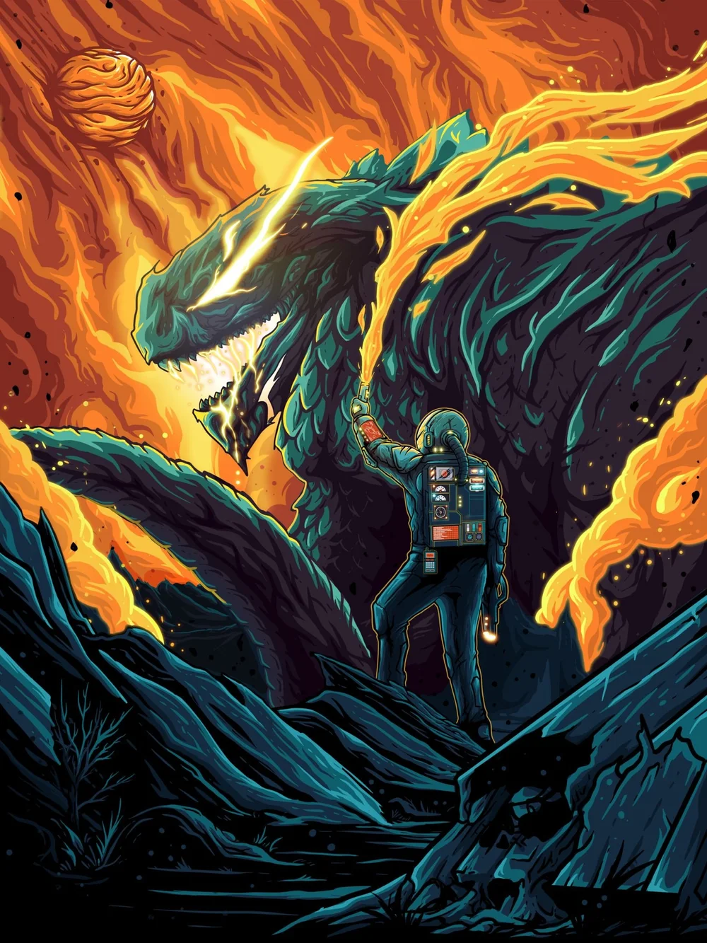 An astronaut on rocky terrain confronting a massive fiery dragon against a blazing sky