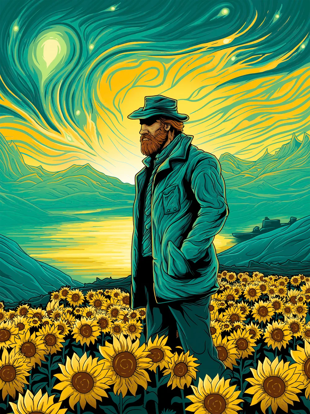 A bearded man wearing a hat and coat standing in a field of sunflowers with swirling skies