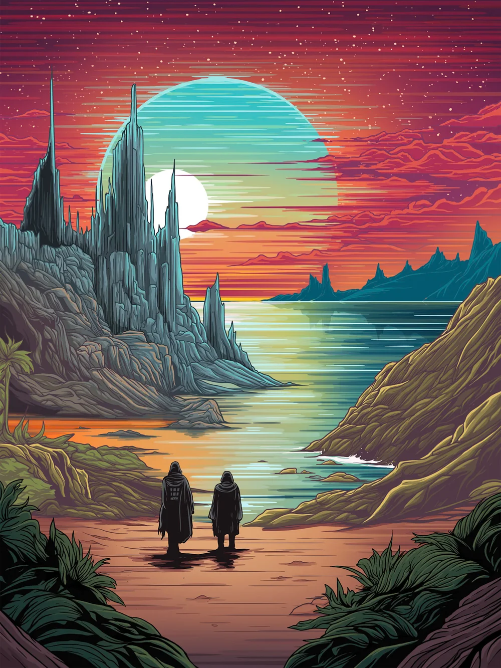 Two cloaked figures standing on a rocky shore facing towering spires at sunset