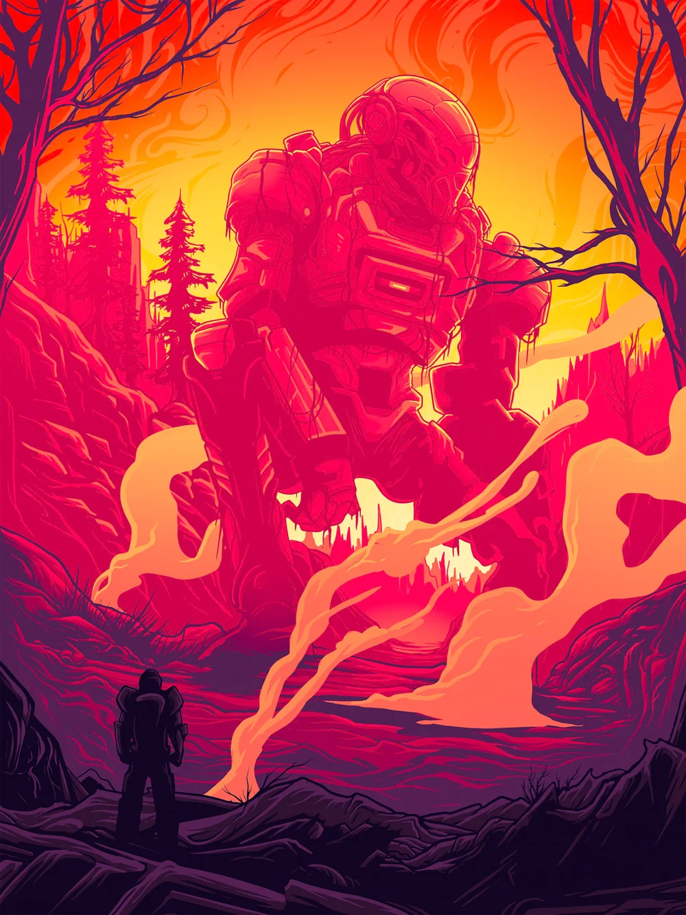 An astronaut confronting a towering fiery giant emerging from a volcanic forest