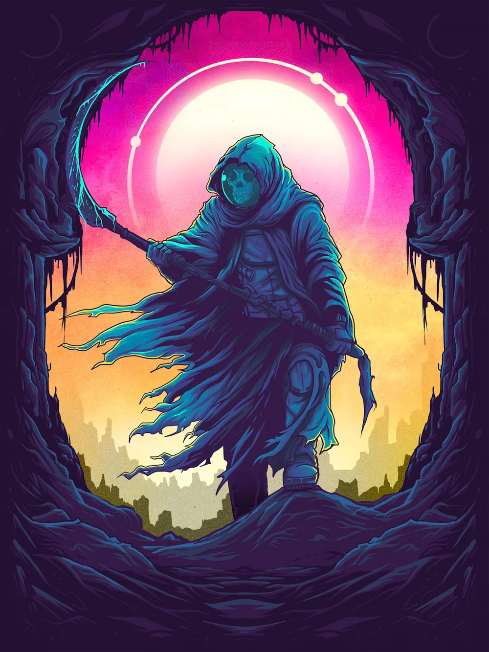 A hooded reaper figure with a scythe framed by a glowing pink halo in a dark cave
