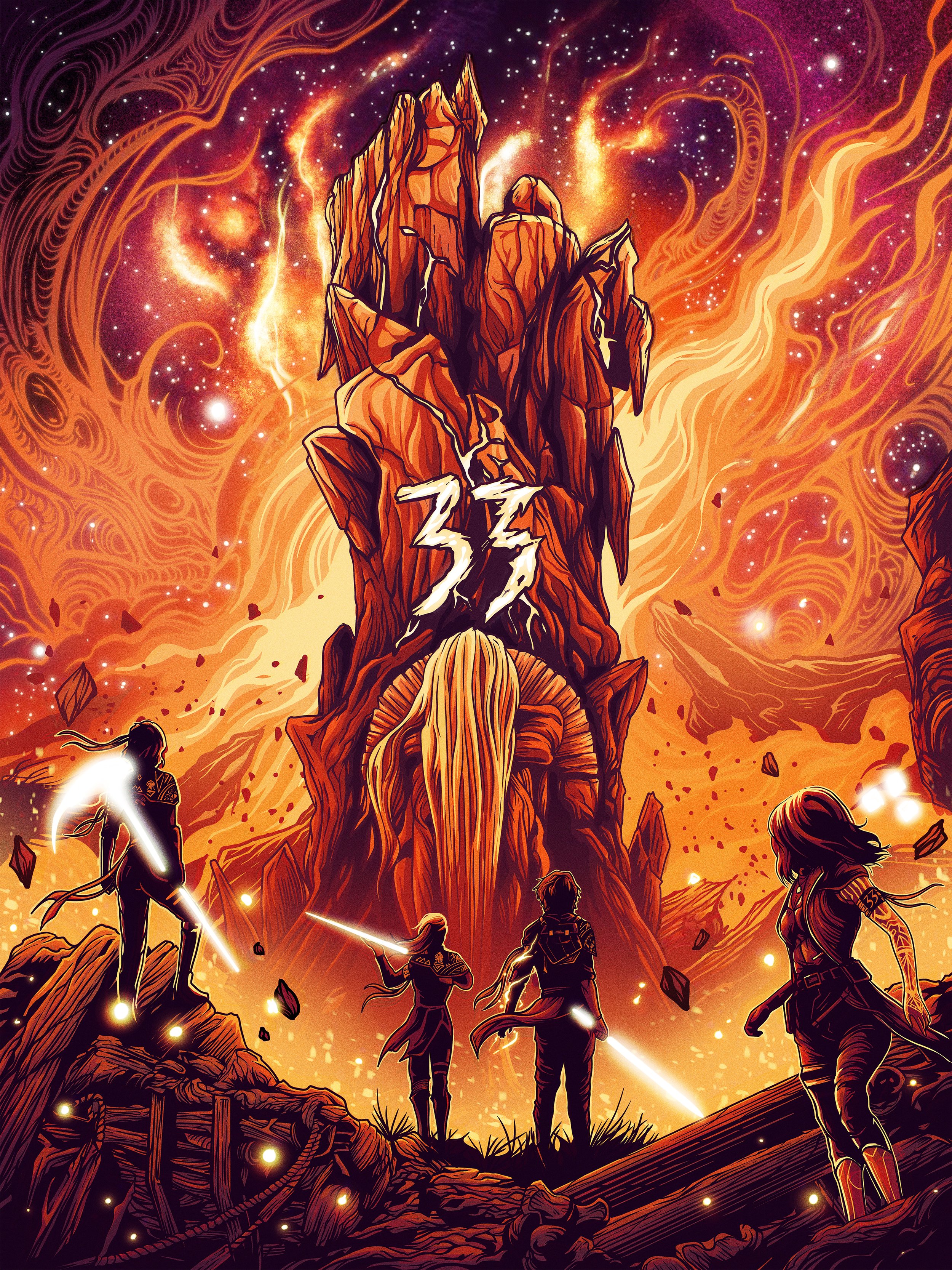 Fantasy scene with four adventurers in front of a towering, fiery mountain